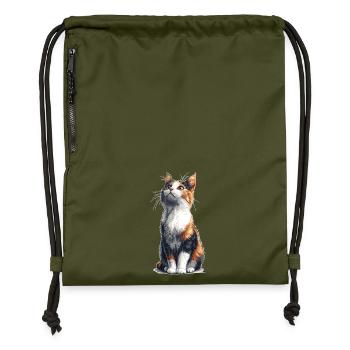 Bunte sitzende Comic Katze - Turnbeutel aus Recycling-Material - military Green - Vorne