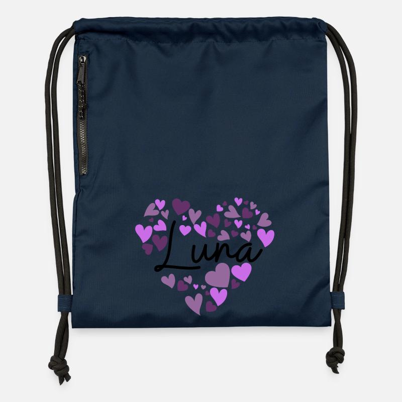Luna Name Design avec des cœurs violets en forme de cœur - Sac à cordon en polyester recyclé - bleu marine