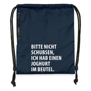 Bitte nicht schubsen – Joghurt im Rucksack (dh) - Turnbeutel aus Recycling-Material - Navy - Vorne