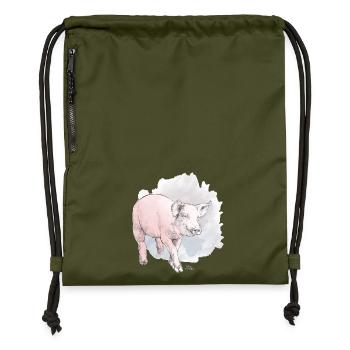 Niedliches Schwein vor buntem Klecks - Turnbeutel aus Recycling-Material - military Green - Vorne