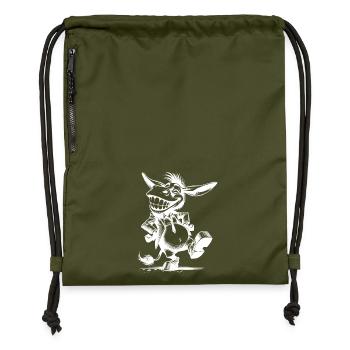 Grinning Donkey Long Eared Caricature Drawing - Gymsac made from recycled material - military green - Front