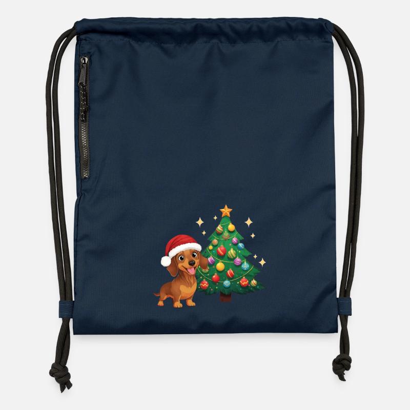 Teckel avec le Sapin de Noël du Chapeau de Noël - Sac à cordon en polyester recyclé - bleu marine