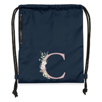 C Monogramme, Floral, Personnalisable - Sac à cordon en polyester recyclé - bleu marine - Devant