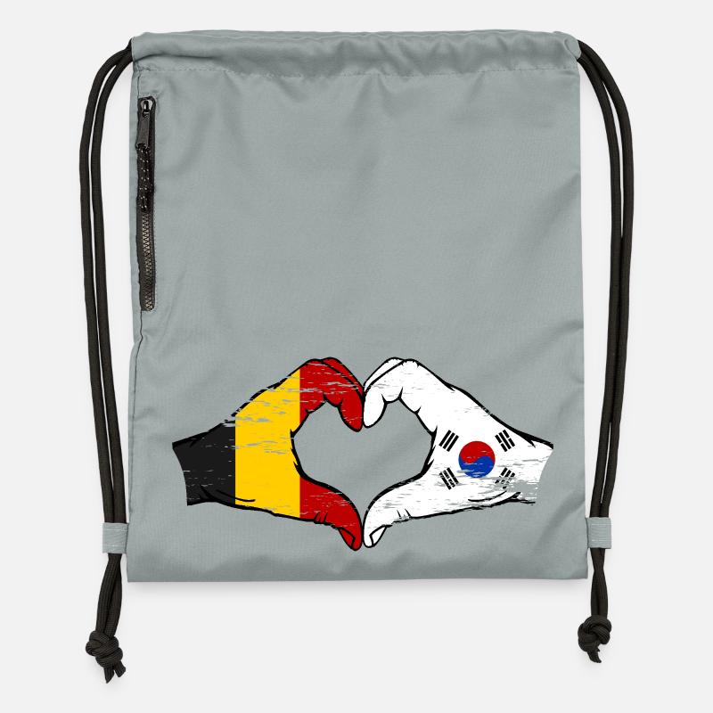 Belgique Drapeau Corée du Sud mains forme coeur utilisé - Sac à cordon en polyester recyclé - gris fer délavé