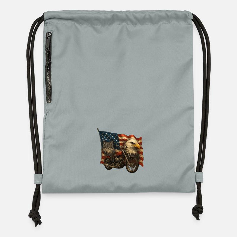 Hubschrauber, Wolf und Adler auf US-Flagge - Turnbeutel aus Recycling-Material - Steingrau mineral wash