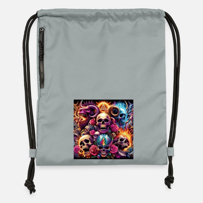 Skulls, Colors and Flowers - Gymsac made from recycled material - mineral charcoal grey
