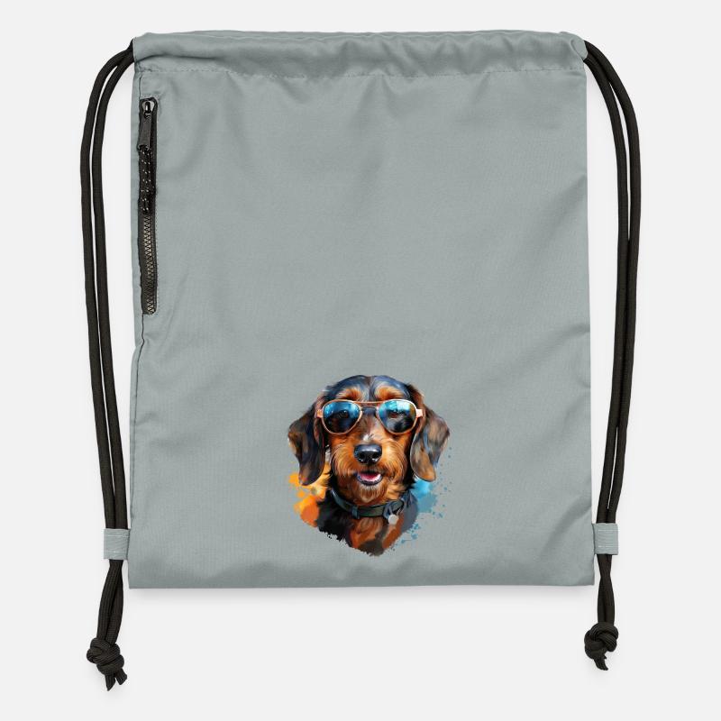 Teckel à poil dur avec lunettes de soleil - Sac à cordon en polyester recyclé - gris fer délavé