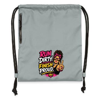 Run Dirty Finish Proud Runner Girl Design - Gymsac made from recycled material - mineral charcoal grey - Front