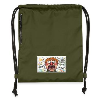 Hunger-Karikatur: Explosiver Cartoonlook - Turnbeutel aus Recycling-Material - military Green - Vorne