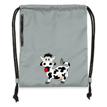 Cheerful black and white cow with tongue out of the mouth - Gymsac made from recycled material - mineral charcoal grey - Front