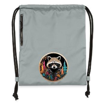 Raccoon in a colorful circle frame - Gymsac made from recycled material - mineral charcoal grey - Front