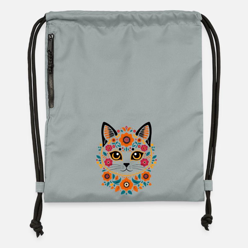 Chat fleur dans le style folklorice - Sac à cordon en polyester recyclé - gris fer délavé