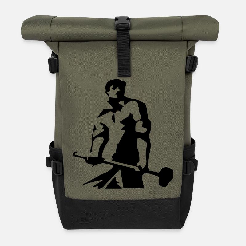 Arbeiter - Schwarzsilhouette Kunstmotiv - Rolltop Rucksack - Olive/Schwarz