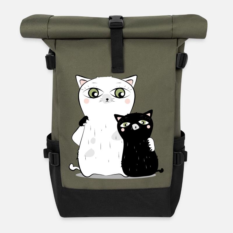 weiße Katze schwarzer Kater - Rolltop Rucksack - Olive/Schwarz