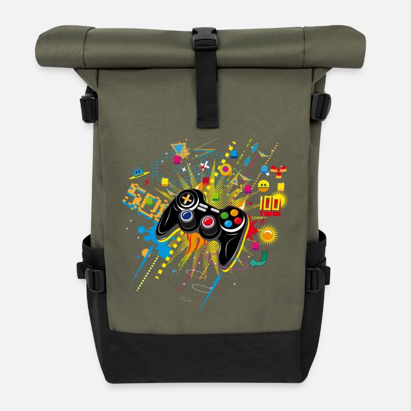 Gamepad Videogames mit verschiedenen Symbolen - Rolltop Rucksack - Olive/Schwarz