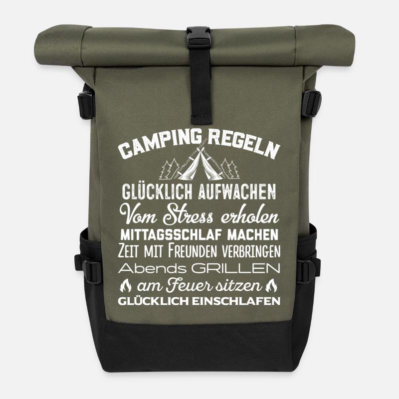 Camping Regel Zelten Urlaub Ferien Camper Geschenk - Rolltop Rucksack - Olive/Schwarz