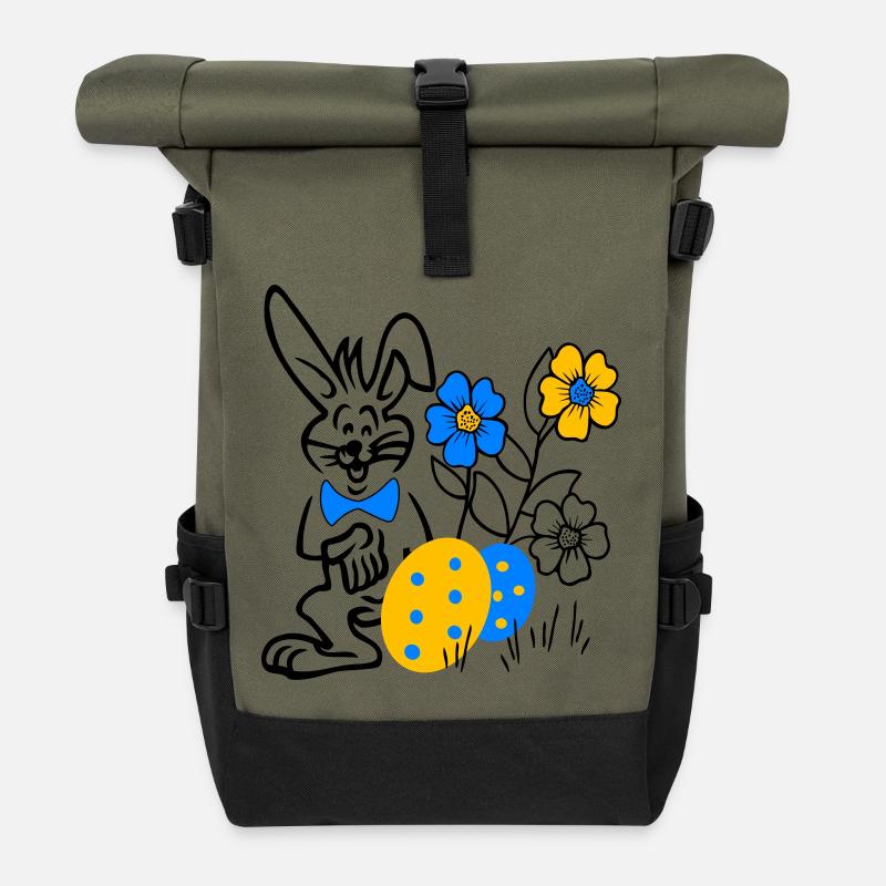 Hase mit Ostereier und Blumen - Rolltop Rucksack - Olive/Schwarz