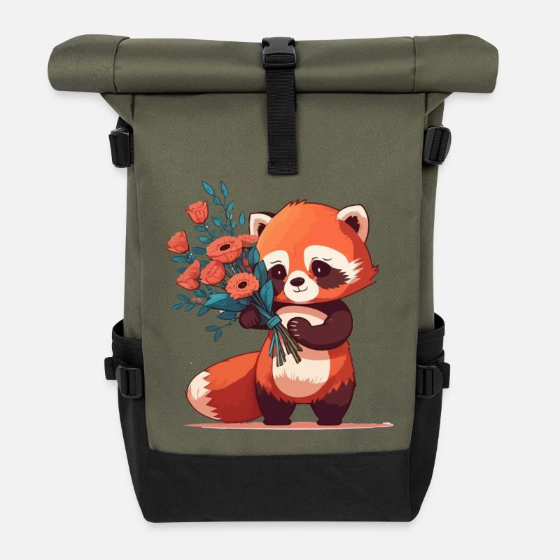 roter Panda mit Blumen - Rolltop Rucksack - Olive/Schwarz