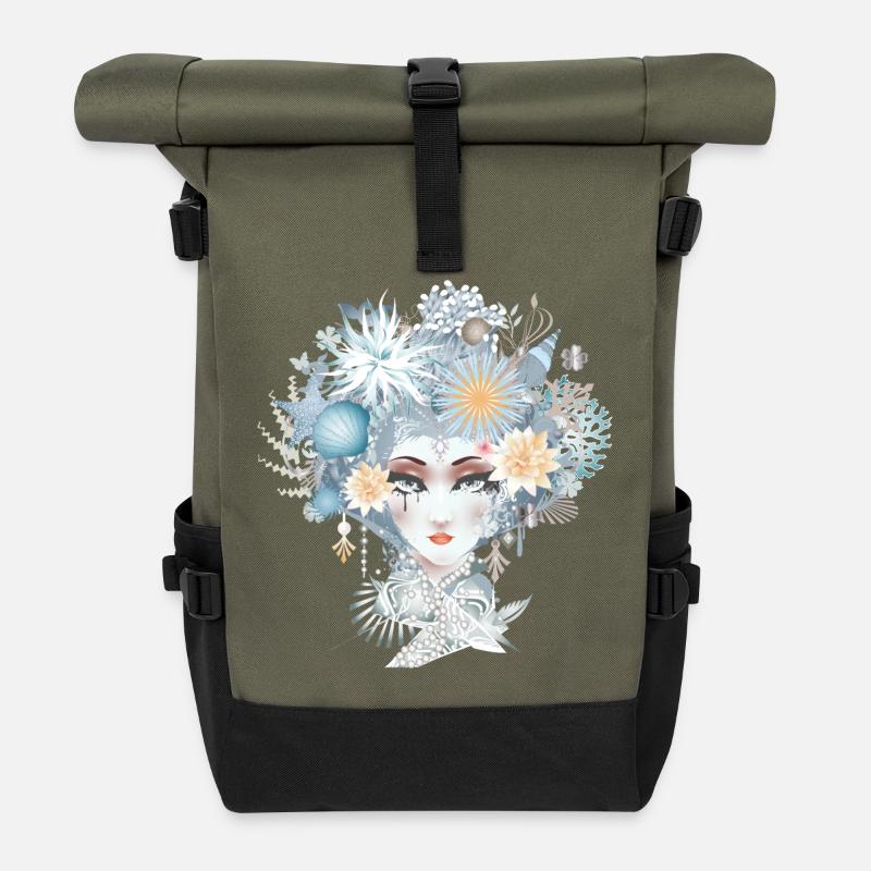 Mermaid portrait in cool pastel colors - Roll Top Backpack - olive/black