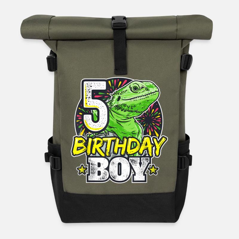 Dino Junge zum 5. Geburtstag - Rolltop Rucksack - Olive/Schwarz