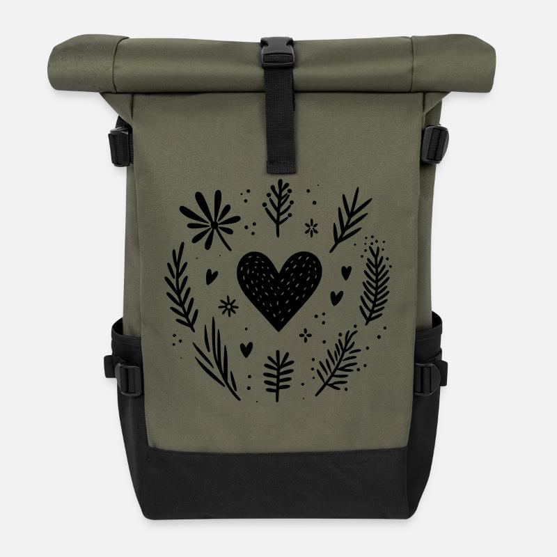 Herz mit Zweigen - Rolltop Rucksack - Olive/Schwarz