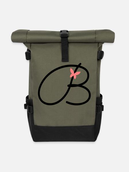 Buchstabe B Anfangsbuchstabe Schmetterling - Rolltop Rucksack - Olive/Schwarz