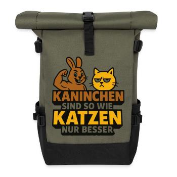 Humorous rabbit & cat motif - Roll Top Backpack - olive/black - Front