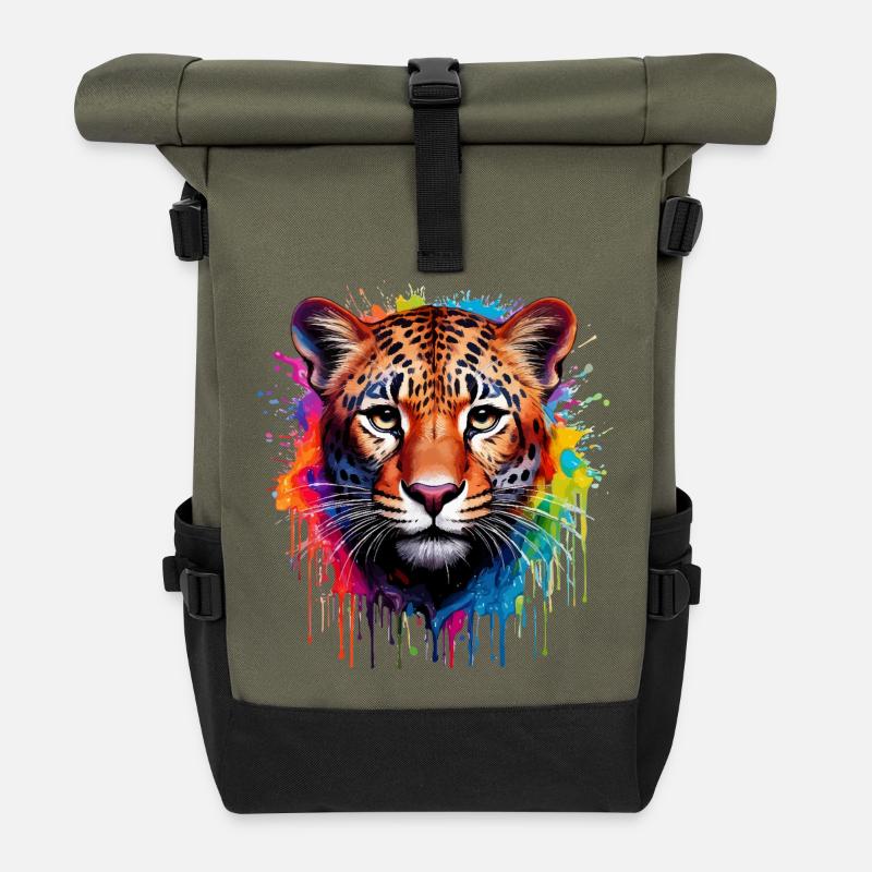Leopard Color Explosion Watercolor Painting - Roll Top Backpack - olive/black