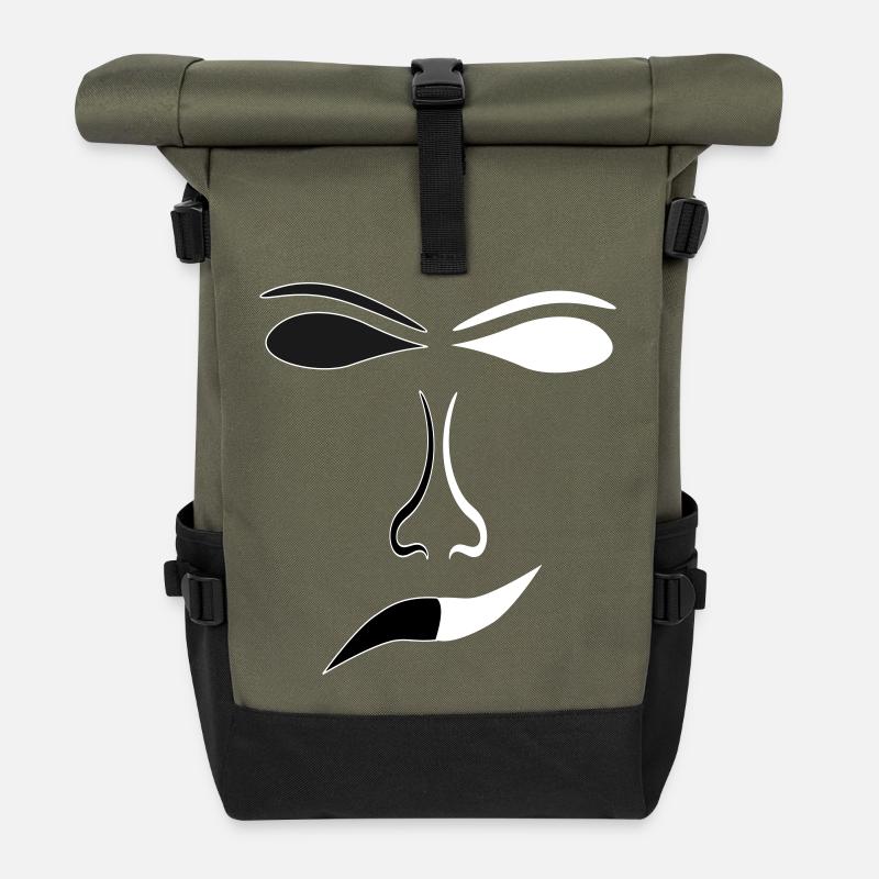 Abstrakte Gesichtslinien Kontrast Maske - Rolltop Rucksack - Olive/Schwarz
