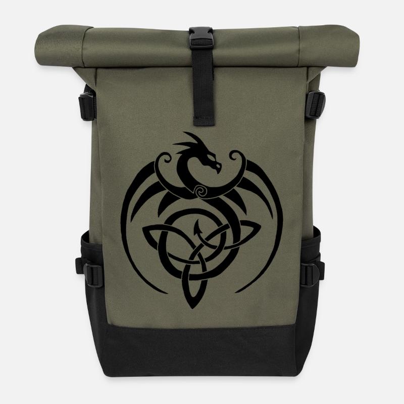 Black Dragon and Celtic Symbol - Roll Top Backpack - olive/black