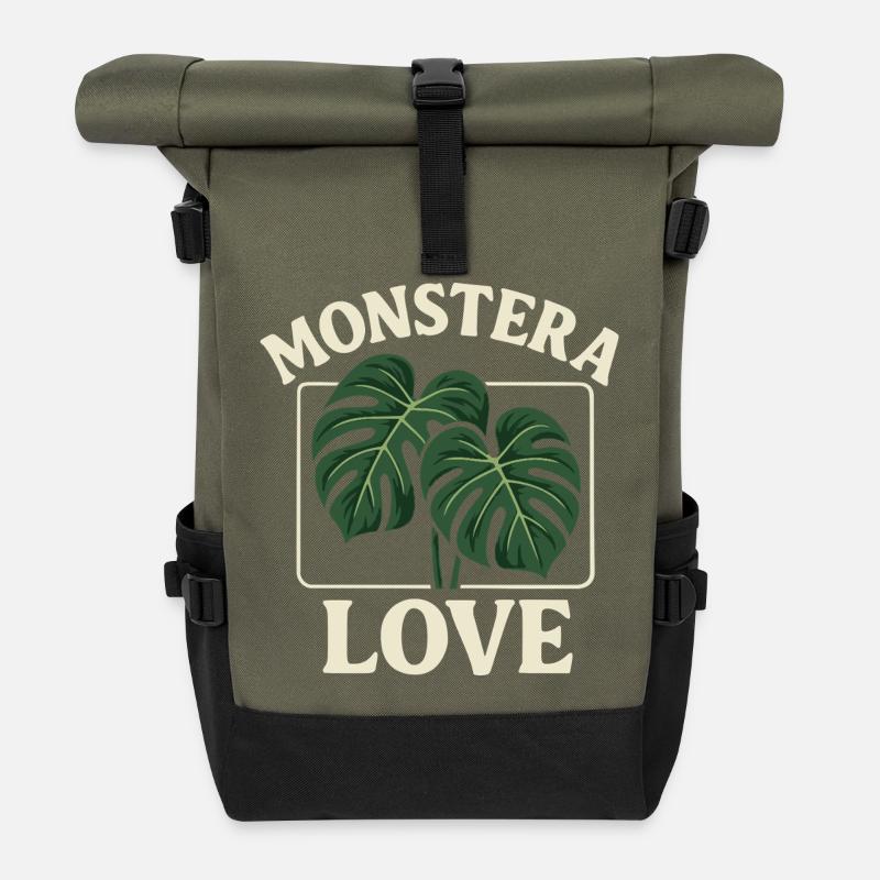 Monstera Love - Roll Top Backpack - olive/black