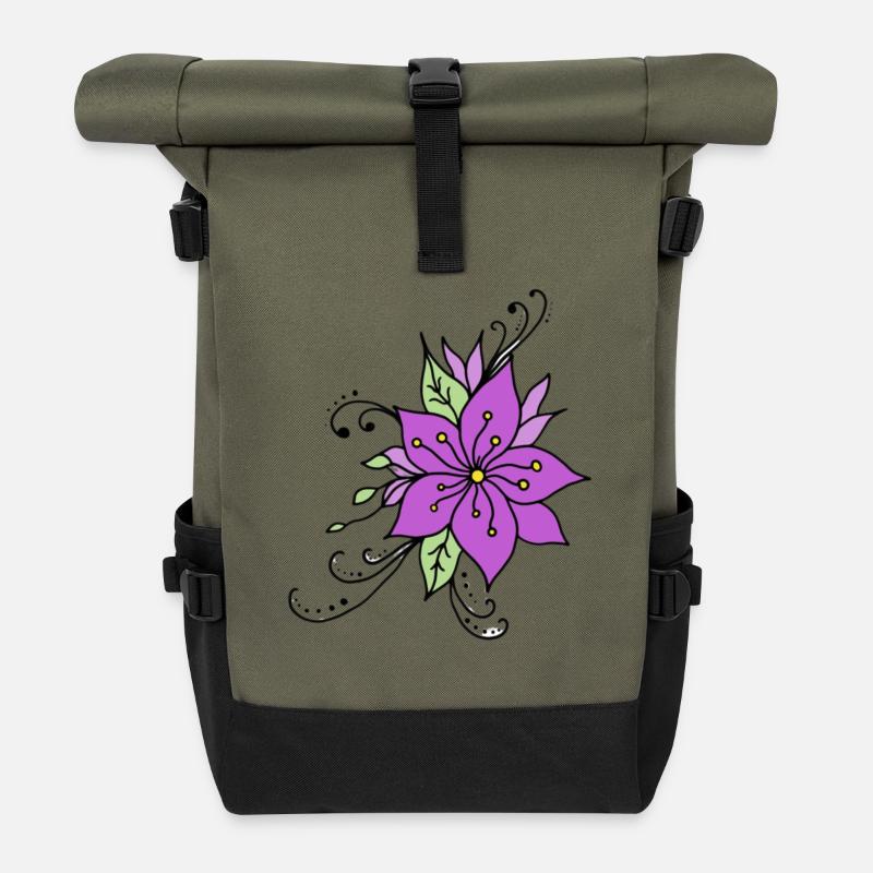 Fleur hibiscus  - Sac à dos roll top - olive/noir