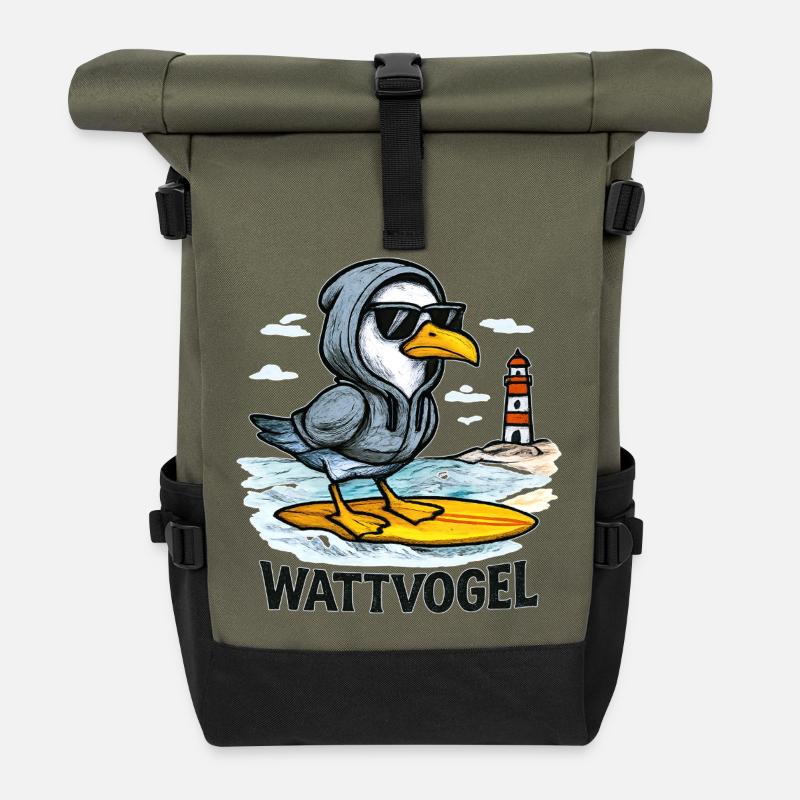 Wattvogel® Surfer-Möwe mit Hoodie & Sonnenbrille - Rolltop Rucksack - Olive/Schwarz
