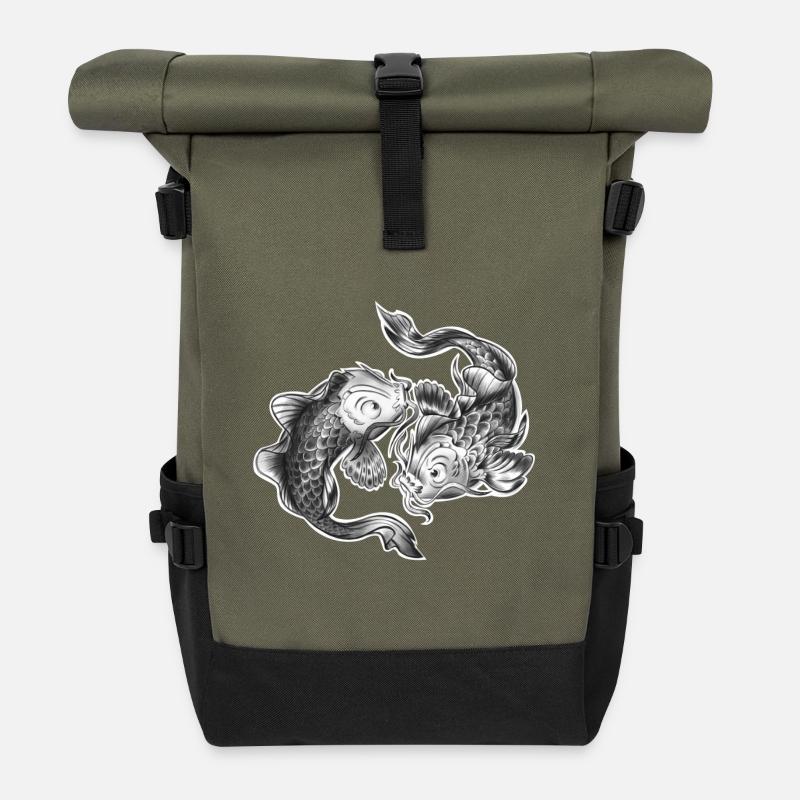 Koi Tanz im Schwarzweiß - Rolltop Rucksack - Olive/Schwarz