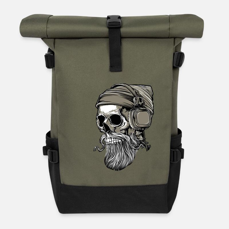 Bart Hipster Skull mit Kopfhörer - Rolltop Rucksack - Olive/Schwarz