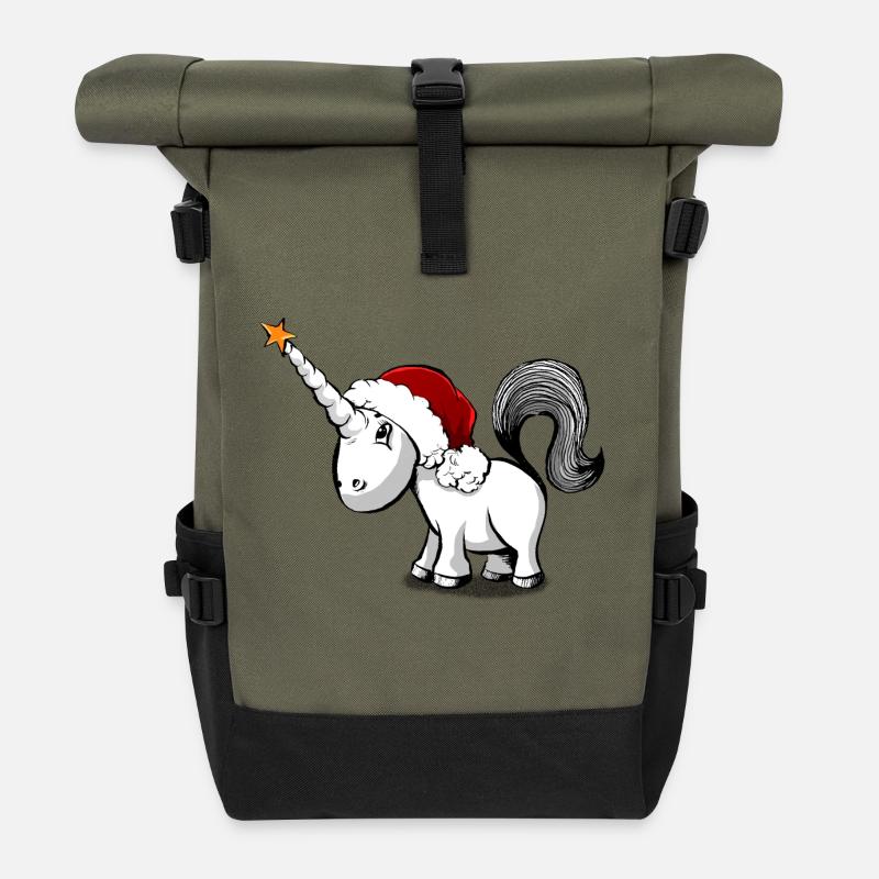 Unicorn Christmas - Roll Top Backpack - olive/black