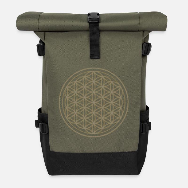 Golden Flower Circle Ornament - Roll Top Backpack - olive/black