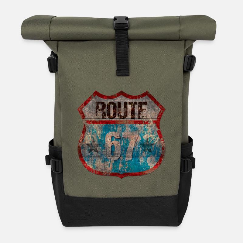 Rustic Route 67 Schild Design - Rolltop Rucksack - Olive/Schwarz