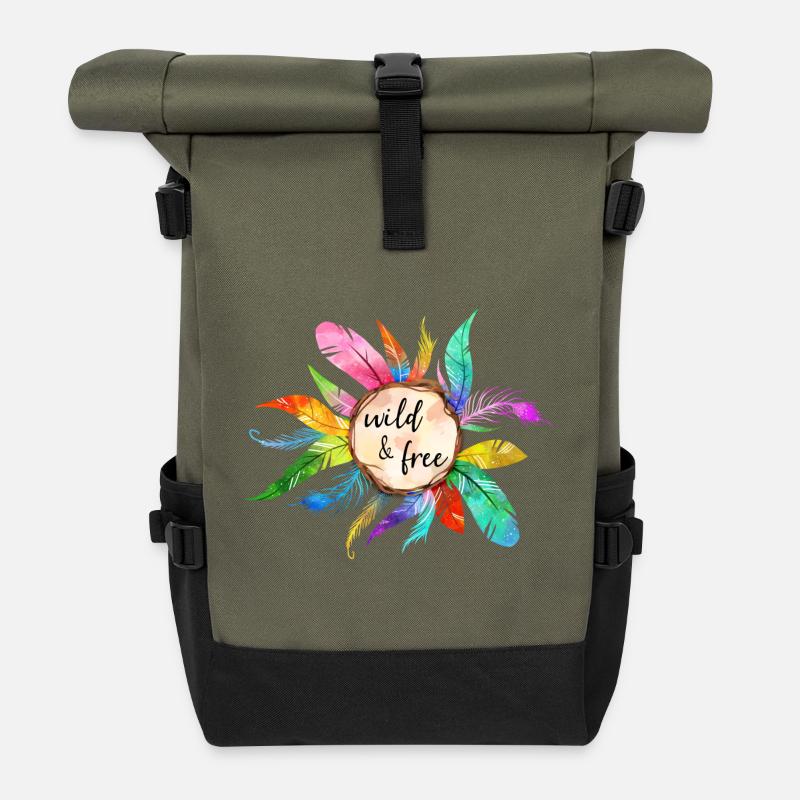 Wild Freiheit Federn Vogel Papagei Bunt Geschenk - Rolltop Rucksack - Olive/Schwarz