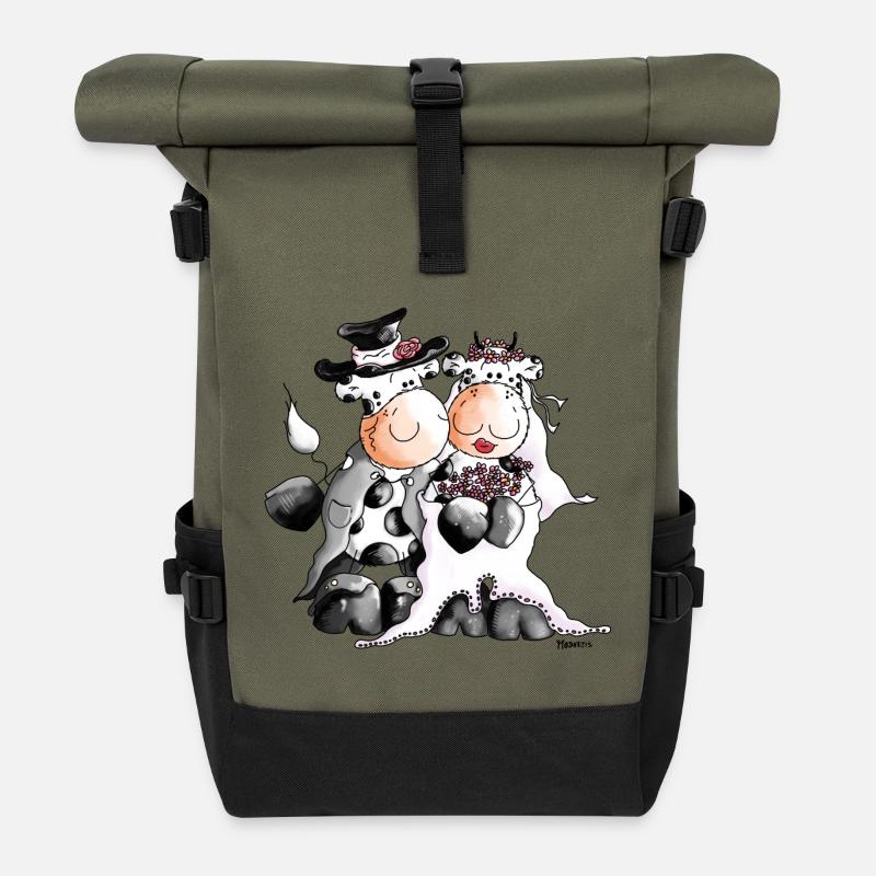 Kuh Hochzeit - Braut - Bräutigam - Rolltop Rucksack - Olive/Schwarz