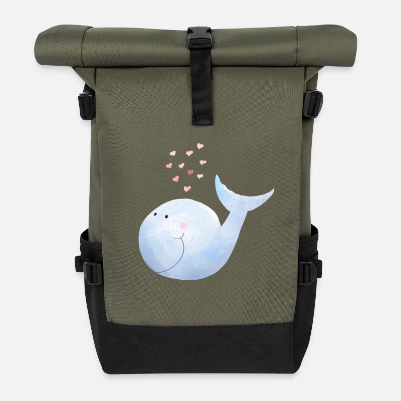 Wal versprüht Herzen I Blauwal Comic - Rolltop Rucksack - Olive/Schwarz