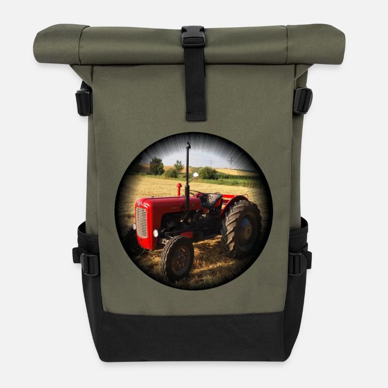 Roter Vintage Traktor Feld - Rolltop Rucksack - Olive/Schwarz
