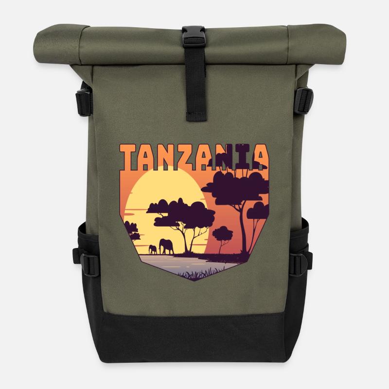 Tanzania safari design with elephants - Roll Top Backpack - olive/black