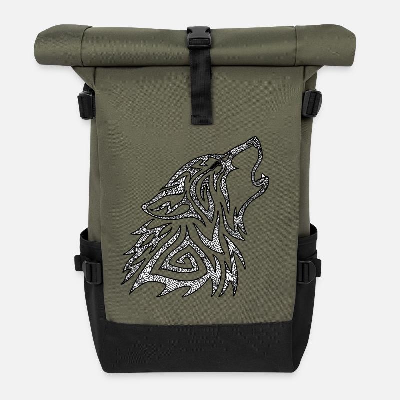 Howling Wolf Mandala - Roll Top Backpack - olive/black