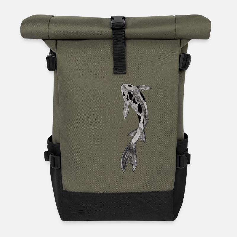 Koi Silhouette auf Schwarz - Rolltop Rucksack - Olive/Schwarz