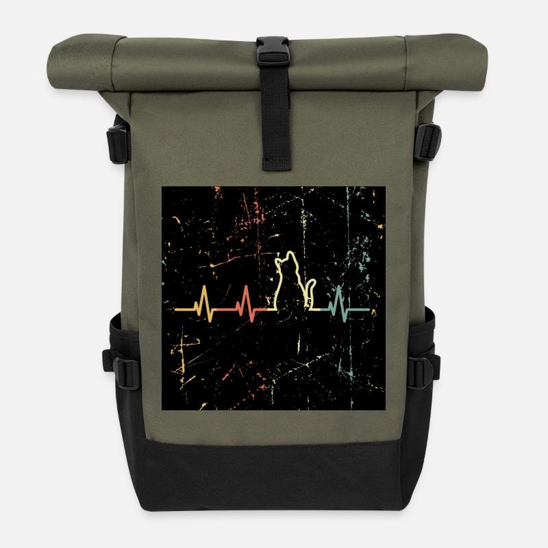 Katzen Gesichtsmaske - Rolltop Rucksack - Olive/Schwarz