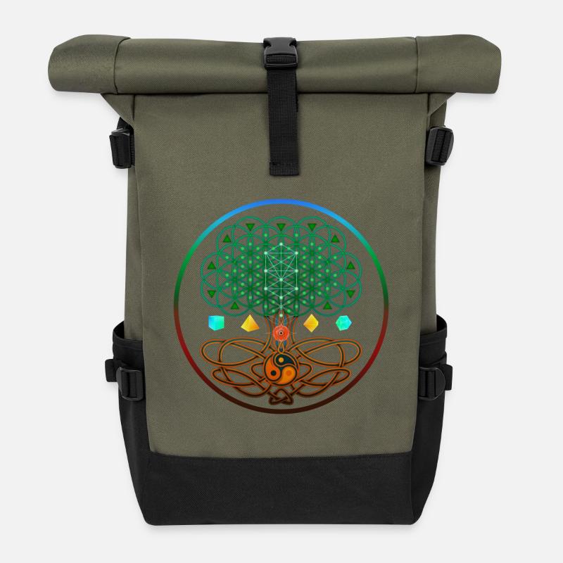 Baum des Lebens, Baum des Lebens, Heilige Geometrie - Rolltop Rucksack - Olive/Schwarz