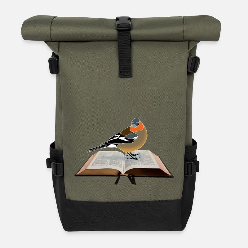 Chaffinch on book - Roll Top Backpack - olive/black