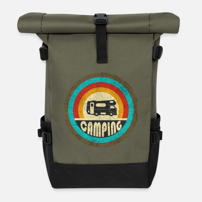 Camping Vintage Design / Geschenkidee - Rolltop Rucksack - Olive/Schwarz