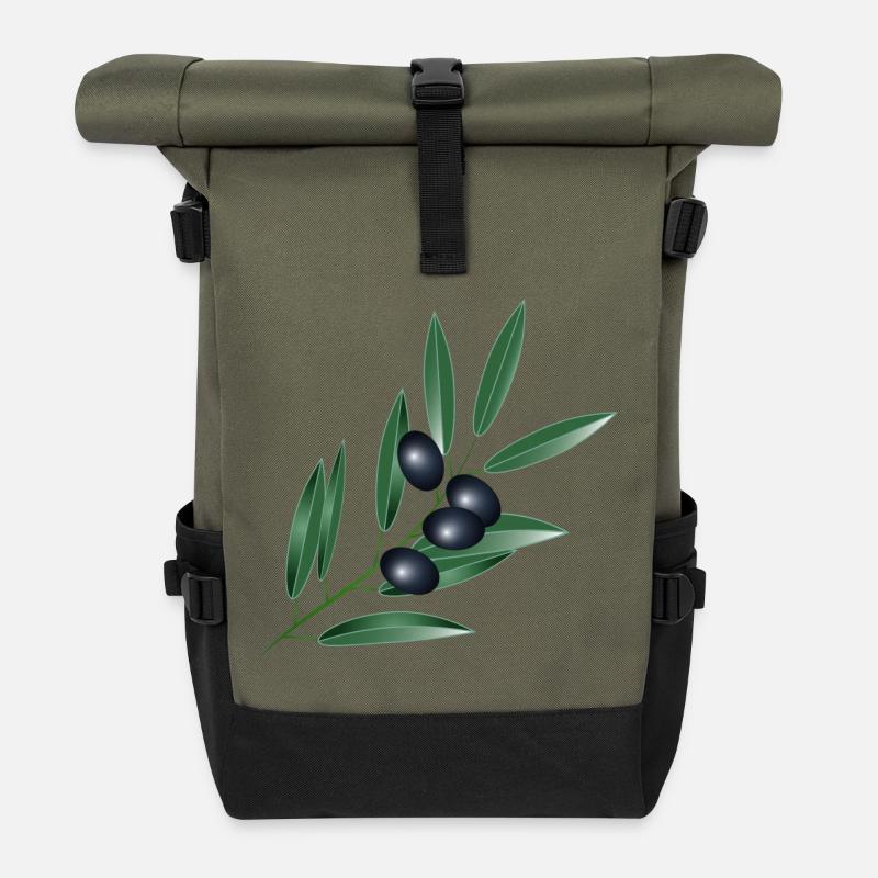 Olivenzweig mit vier schwarzen Oliven - Rolltop Rucksack - Olive/Schwarz